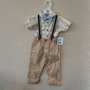 Plaid Shirt and Tan Suspender Pants Set